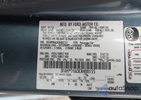 2012 Ford Fusion Se z USA, uszkodzony, nr VIN 3FAHP0HA3CR400155
